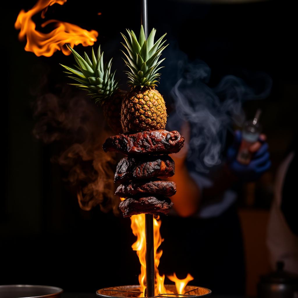 Al pastor cooking on a vertical trompo with pineapple and open flame